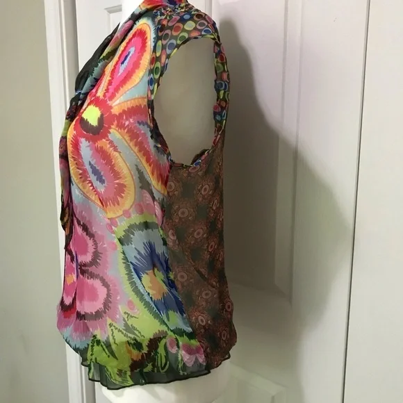 Desigual Sheer Floral Tie V-Neck Blouse S Y2K Cap Sleeve Art Print - Picture 9 of 17